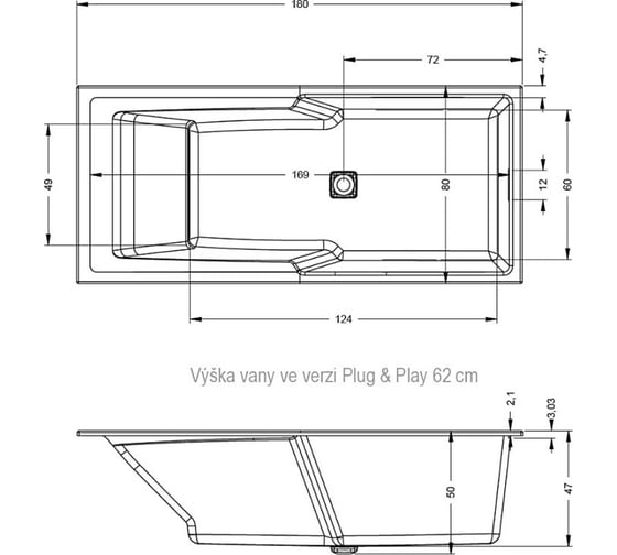 Акриловая ванна RIHO STILL SHOWER - PLUG PLAY R 180x80 B103009005