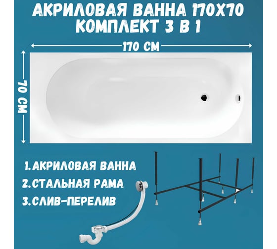 Ванна акриловая 1Marka ATLAS 170x70 см, в наборе 3 в 1: прямоугольная ванна, усиленный металлический каркас, слив-перелив хром 01атл1770кс2+