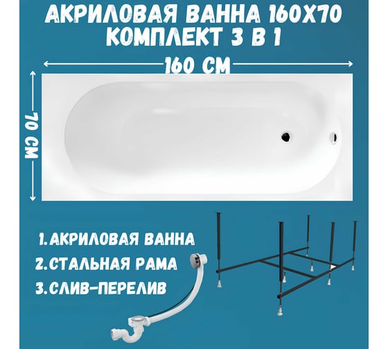 Ванна акриловая 1Marka ATLAS 160x70 см, в наборе 3 в 1: прямоугольная ванна, усиленный металлический каркас, слив-перелив хром 01атл1670кс2+