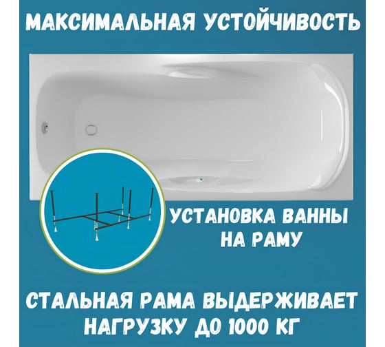Ванна акриловая 1Marka CALYPSO 170x75 см, в наборе 3 в 1: прямоугольная ванна, усиленный металлический каркас, слив-перелив хром 01каи1775кс2+
