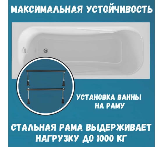 Ванна акриловая 1Marka CLASSIC 160x70 см, в наборе 3 в 1: прямоугольная ванна, металлические ножки, слив-перелив хром 01кл1670Акс1