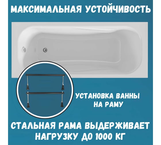 Ванна акриловая 1Marka CLASSIC 140x70 см, в наборе 3 в 1: прямоугольная ванна, металлические ножки, слив-перелив хром 01кл1470Акс1