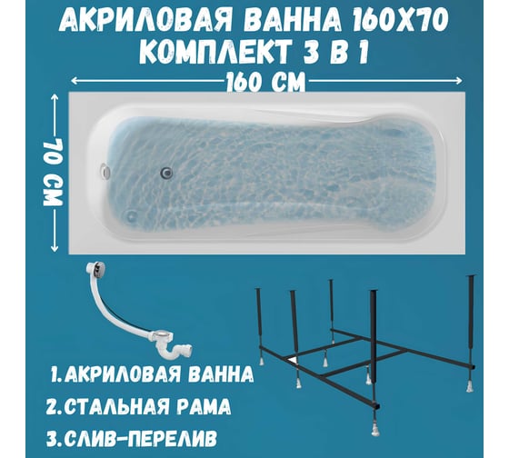 Ванна акриловая 1Marka CLASSIC 160x70 см, в наборе 3 в 1: прямоугольная ванна, усиленный металлический каркас, слив-перелив хром 01кл1670Акс2+