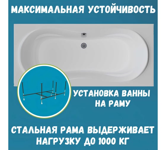 Ванна акриловая 1Marka DINAMIKA 180x80 см, в наборе 3 в 1: прямоугольная ванна, усиленный металлический каркас, слив-перелив хром 01ди1880кс2+