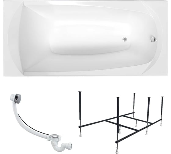 Ванна акриловая 1Marka ELEGANCE 165x70 см, в наборе 3 в 1: прямоугольная ванна, усиленный металлический каркас, слив-перелив хром 01эл16570кс2+