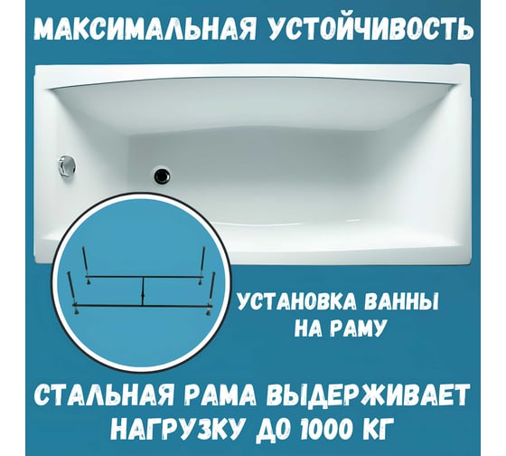Ванна акриловая 1Marka VIOLA 120x70 см, в наборе 3 в 1: прямоугольная ванна, усиленный металлический каркас, слив-перелив хром 01ви1270кс2+