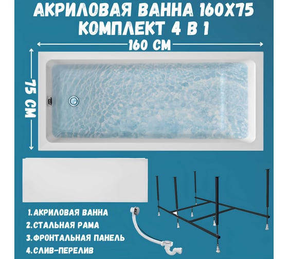 Ванна акриловая 1Marka ВIANCA 160x75 см, в наборе 4 в 1: прямоугольная ванна, фронтальная панель, усиленный металлический каркас, слив-перелив хром 01бья1675кп