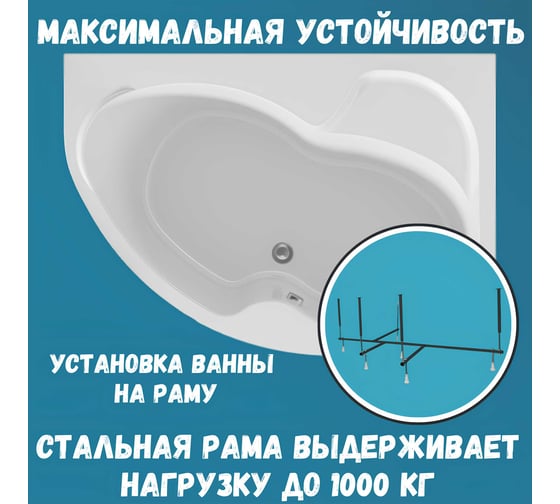 Акриловая ванна 1Marka AURA 150x105 см, правый угол, сантехнический акрил, в наборе 4в1: Ванна акриловая, панель фронтальная, усиленная стальная рама, слив-перелив хром 01ау1510пкп