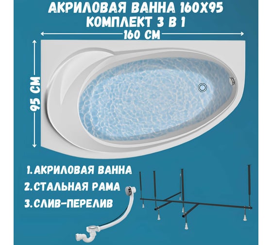 Акриловая ванна 1Marka JULIANNA 160x95 см, левый угол, сантехнический акрил, в наборе 3в1: Ванна акриловая, усиленная стальная рама, слив-перелив хром 01дж1695лкс2+