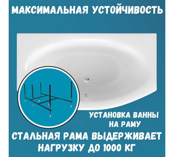 Акриловая ванна 1Marka NEGA 170x95 см, сантехнический акрил, в наборе 3в1: Ванна акриловая, усиленная стальная рама, слив-перелив хром 01нег1795кс2+