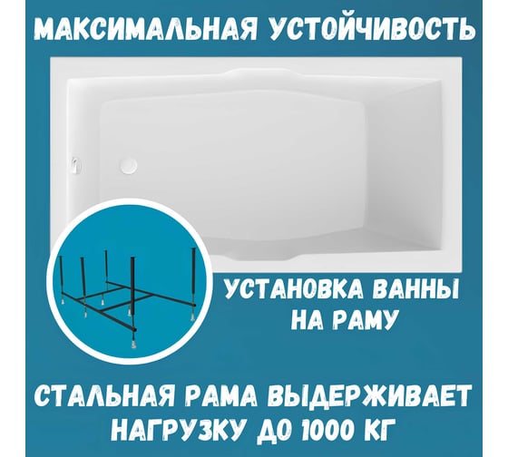 Акриловая ванна 1Marka KORSIKA 190x100 см, сантехнический акрил, в наборе 4в1: Ванна акриловая, панель фронтальная, усиленная стальная рама, слив-перелив хром 01кр1910кп