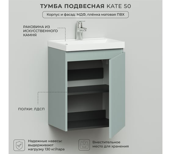 Тумба с раковиной подвесная распашная ИТАНА Kate 50 494x344x648 Токио 4657810336445