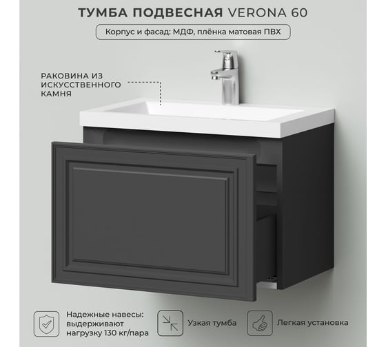 Тумба с раковиной подвесная ИТАНА Verona 60 602x377x440 Графит 4657821040300