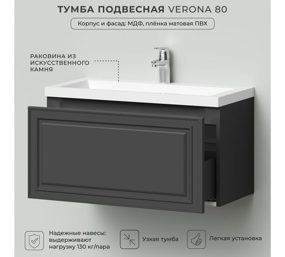 Тумба с раковиной подвесная ИТАНА Verona 80 794x379x440 Графит 4657821040331
