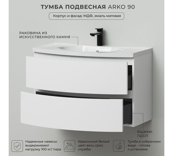 Тумба с раковиной подвесная с радиусными фасадами ИТАНА Arko 90 899x504x593 Эмаль Белый матовый 4657825873782