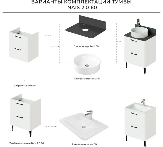 Напольная тумба с раковиной ИТАНА Nais 60 2.0 595x450x780 Белый матовый 4657810335202