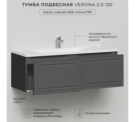 Тумба с раковиной ИТАНА Verona 2.0 120 1196x455x433 Графит 4657821040935