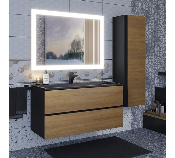 Тумба с раковиной для ванной uperwood Barsa 100 см, раковина черная, подвесная тумба черная/дуб сонома (черный глянец) 298301045