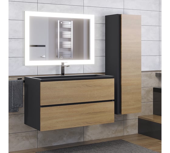 Тумба с раковиной для ванной uperwood Barsa 90 см, раковина черная, подвесная тумба черная/дуб сонома (черный глянец) 298301044