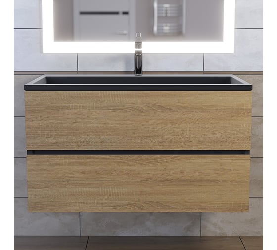 Тумба с раковиной для ванной uperwood Barsa 90 см, раковина черная, подвесная тумба черная/дуб сонома (черный глянец) 298301044