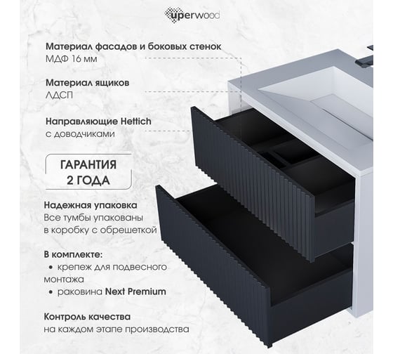 Подвесная тумба с раковиной для ванной uperwood Next Premium 70x45x57 см, белая/графит, 2 ящика 3930205163