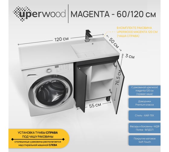 Напольная тумба с раковиной под стиральную машину uperwood Magenta 60/120 см, черная, с дверцами, правая 52930205158