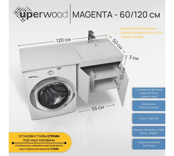 Подвесная тумба с раковиной под стиральную машину uperwood Magenta 60/120 см, белая/графит, с дверцами, правая 52930205151