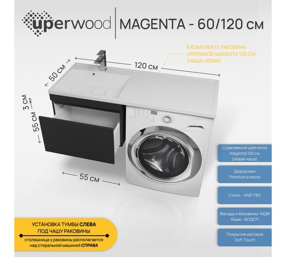 Подвесная тумба с раковиной под стиральную машину uperwood Magenta 60/120 см, черная, выдвижной ящик, левая 51930205155