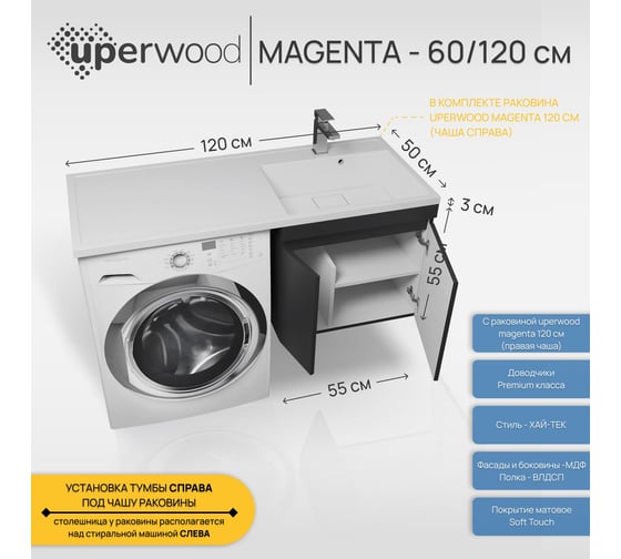 Подвесная тумба с раковиной под стиральную машину uperwood Magenta 60/120 см, черная, с дверцами, правая 52930205152