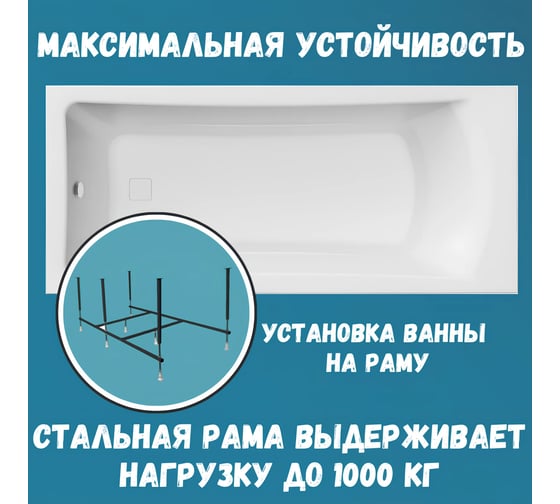 Ванна акриловая 1Marka PRIME 150x75 с, в наборе 4 в 1: прямоугольная ванна, фронтальная панель, усиленный металлический каркас, слив-перелив хром 01пра1575кп