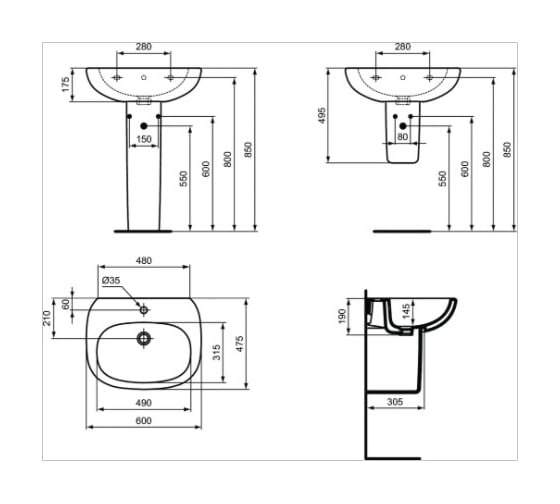 Умывальник Ideal Standard T351401 TESI 60 см с отверстием под смеситель 00039060