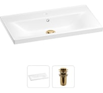 Раковина для ванной Wellsee FreeDom в наборе 2 в 1: прямоугольная раковина, донный клапан с переливом в цвете золото 202011405