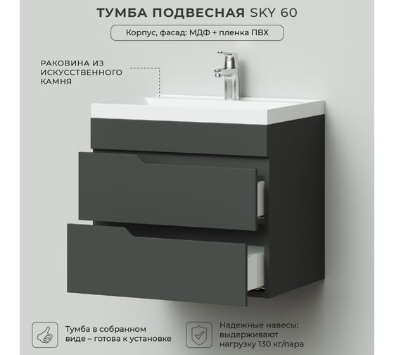 Подвесная тумба с раковиной ИТАНА Sky 60 600x450x560 Графит 4657810335486