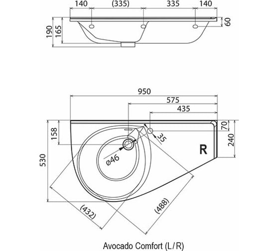 Умывальник  Ravak AVOCADO "COMFORT" L белый с отверстиями, XJ9L1100000 00000018579