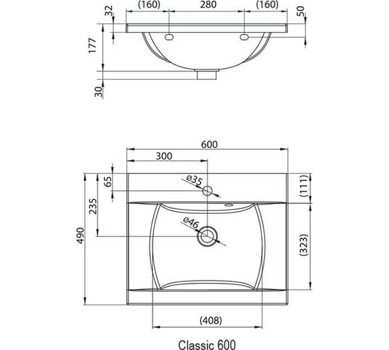 Умывальник Ravak  CLASSIC 600 белый с отверстиями, XJD01160000 00000018583