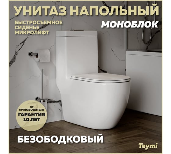Унитаз напольный моноблок Teymi  Lina безободковый, сиденье микролифт T41102 ЦБ-00270195