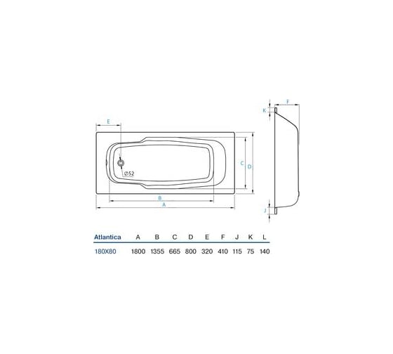 Ванна Koller Pool Atlantica 180x80, с anti-slip, с отверстием B80JTI00E