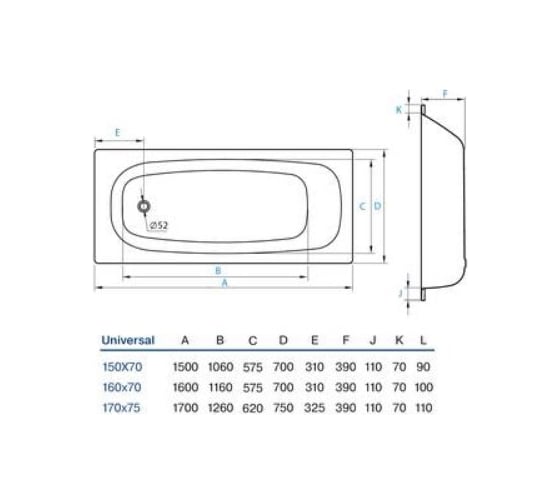 Ванна Koller Pool Universal 160x70, с anti-slip B60HTI00E