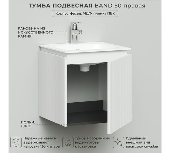 Тумба с раковиной подвесная ИТАНА BAND 50 правая, 502x471x510 мм, белый матовый 4657828217309