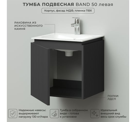 Тумба с раковиной подвесная ИТАНА BAND 50 левая, 502x471x510 мм, графит 4657826222886