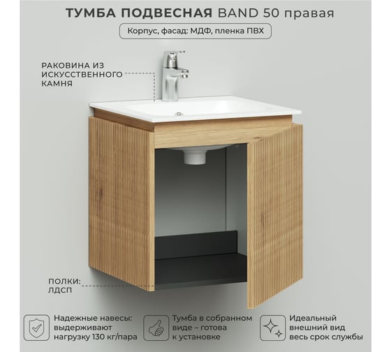 Тумба с раковиной подвесная ИТАНА BAND 50 правая, 502x471x510 мм, дуб мавелла 4657826222909