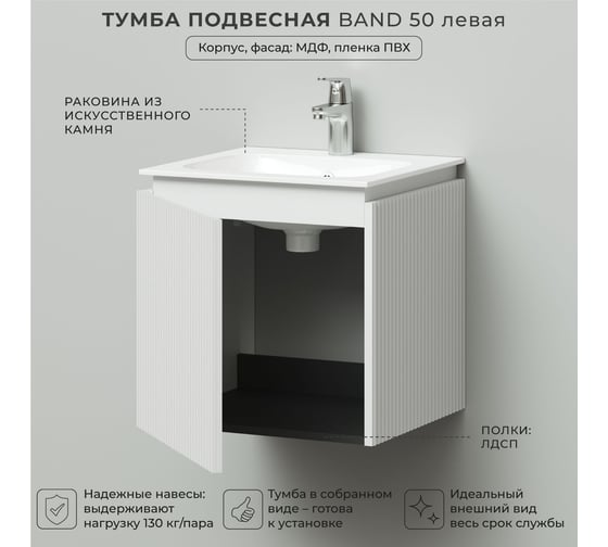 Тумба с раковиной подвесная ИТАНА BAND 50 левая, 502x471x510 мм, белый матовый 4657828217316