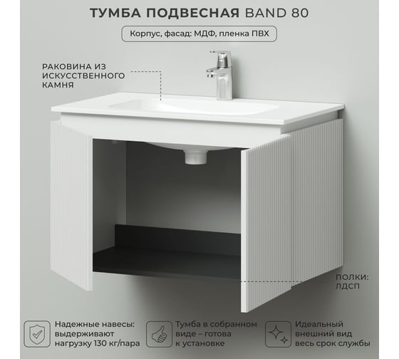Тумба с раковиной подвесная ИТАНА BAND 80 804x477x515 мм, белый матовый 4657828217330