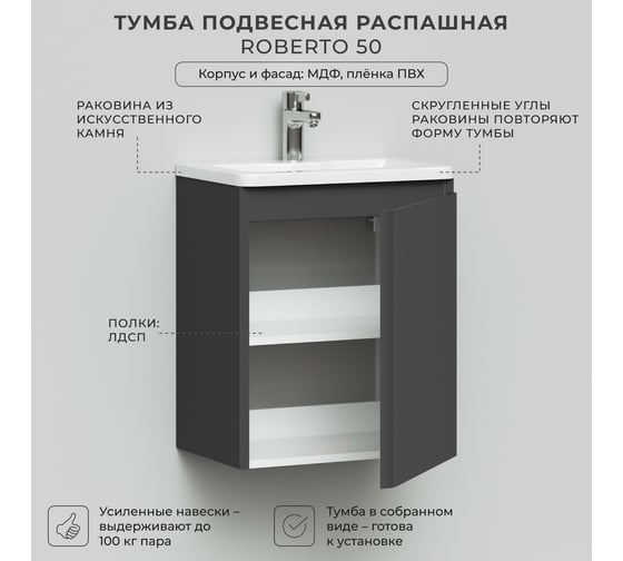 Тумба с раковиной подвесная ИТАНА Roberto 50 распашная, 498х350х606 мм, графит 4657810334021