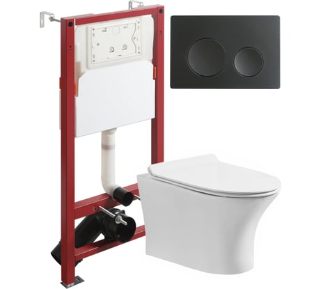 Унитаз подвесной ORANGE безободковый, белый, с инсталляцией, микролифт, кнопка смыва черная CI01-100W+APB144