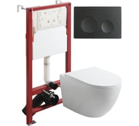 Унитаз подвесной безободковый белый с инсталляцией Agger микролифт, кнопка смыва черная ATI07150+APB144