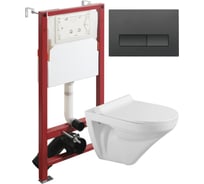 Унитаз подвесной безободковый белый с инсталляцией Agger микролифт, кнопка смыва черная ATI06100+APB244