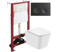 Унитаз подвесной безободковый белый с инсталляцией Agger микролифт, кнопка смыва черная ATI08100+APB144