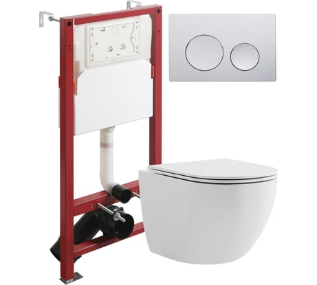 Унитаз подвесной безободковый белый с инсталляцией Agger микролифт, кнопка смыва хром ATI03100+APB100