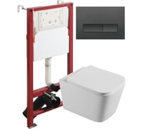 Унитаз подвесной безободковый белый с инсталляцией Agger микролифт, кнопка смыва черная ATI04100+APB244